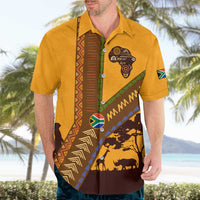 Tribal Africa Heritage with South Africa Flag Hawaiian Shirt Wildlife Silhouettes in Earthy Yellow and Brown