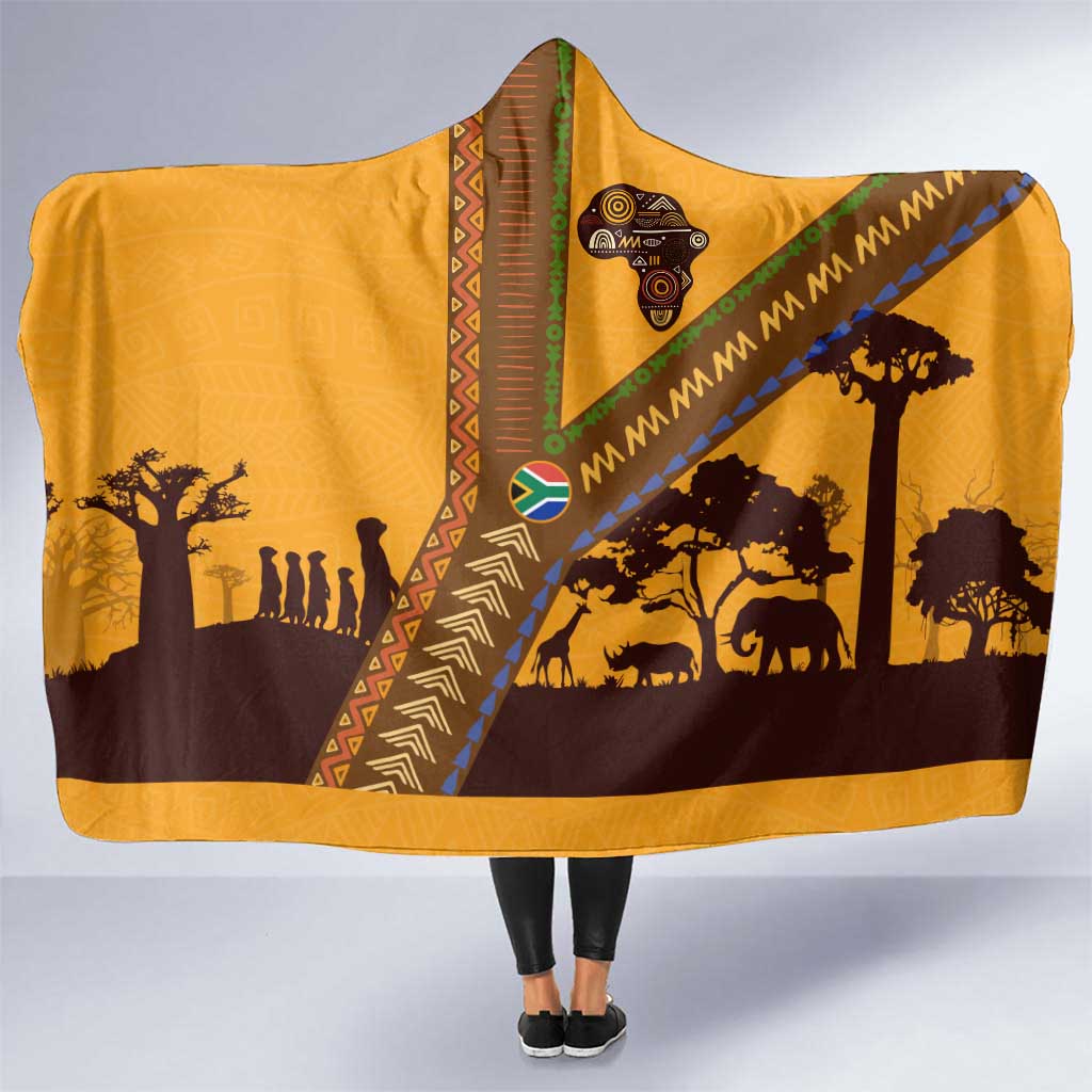 Tribal Africa Heritage with South Africa Flag Hooded Blanket Wildlife Silhouettes in Earthy Yellow and Brown