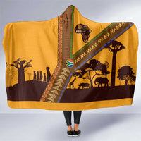Tribal Africa Heritage with South Africa Flag Hooded Blanket Wildlife Silhouettes in Earthy Yellow and Brown