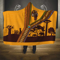Tribal Africa Heritage with South Africa Flag Hooded Blanket Wildlife Silhouettes in Earthy Yellow and Brown