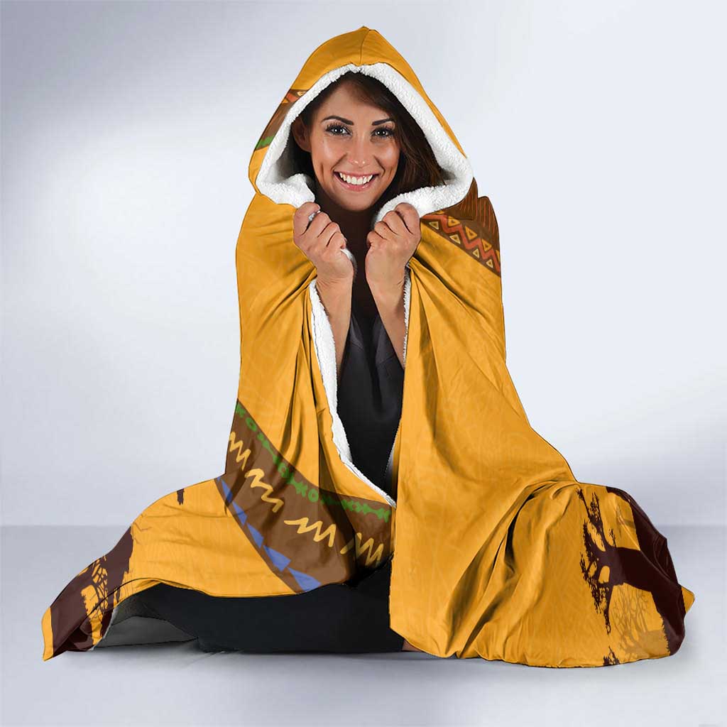 Tribal Africa Heritage with South Africa Flag Hooded Blanket Wildlife Silhouettes in Earthy Yellow and Brown