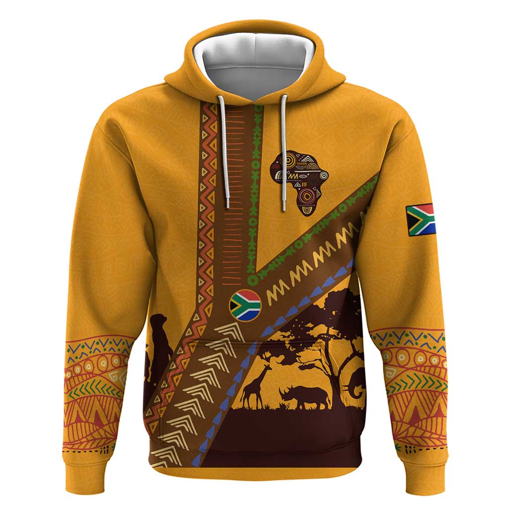 Tribal Africa Heritage with South Africa Flag Hoodie Wildlife Silhouettes in Earthy Yellow and Brown