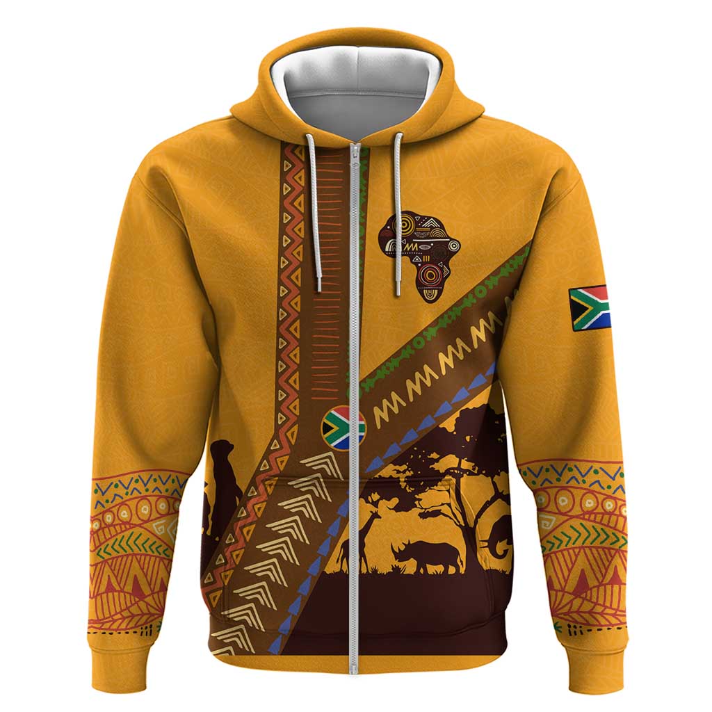 Tribal Africa Heritage with South Africa Flag Hoodie Wildlife Silhouettes in Earthy Yellow and Brown