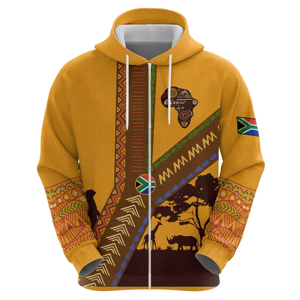 Tribal Africa Heritage with South Africa Flag Hoodie Wildlife Silhouettes in Earthy Yellow and Brown