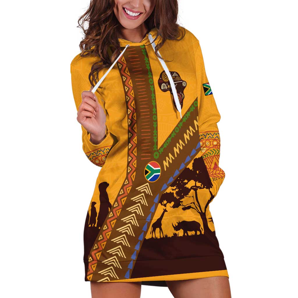 Tribal Africa Heritage with South Africa Flag Hoodie Dress Wildlife Silhouettes in Earthy Yellow and Brown