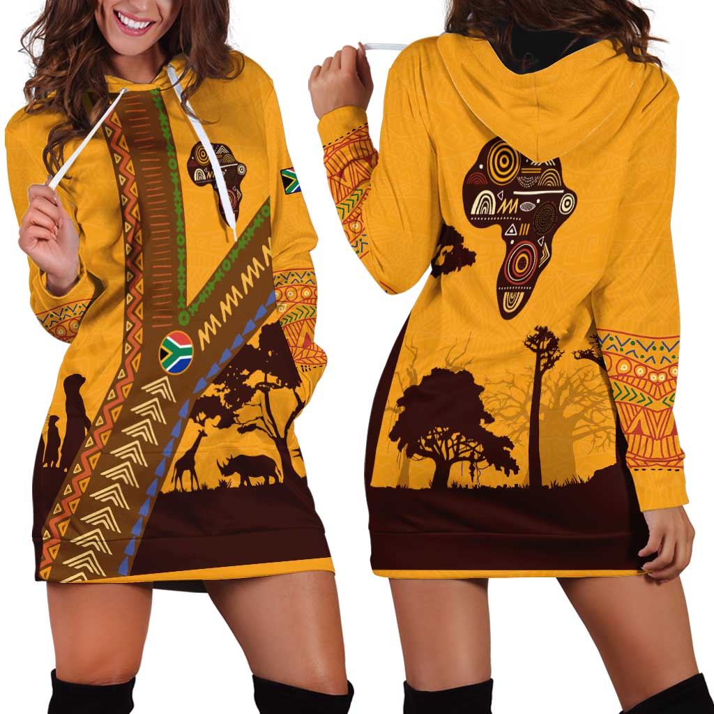 Tribal Africa Heritage with South Africa Flag Hoodie Dress Wildlife Silhouettes in Earthy Yellow and Brown