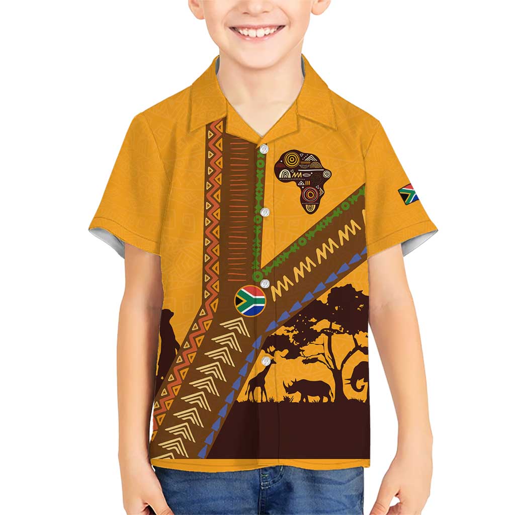 Tribal Africa Heritage with South Africa Flag Kid Hawaiian Shirt Wildlife Silhouettes in Earthy Yellow and Brown