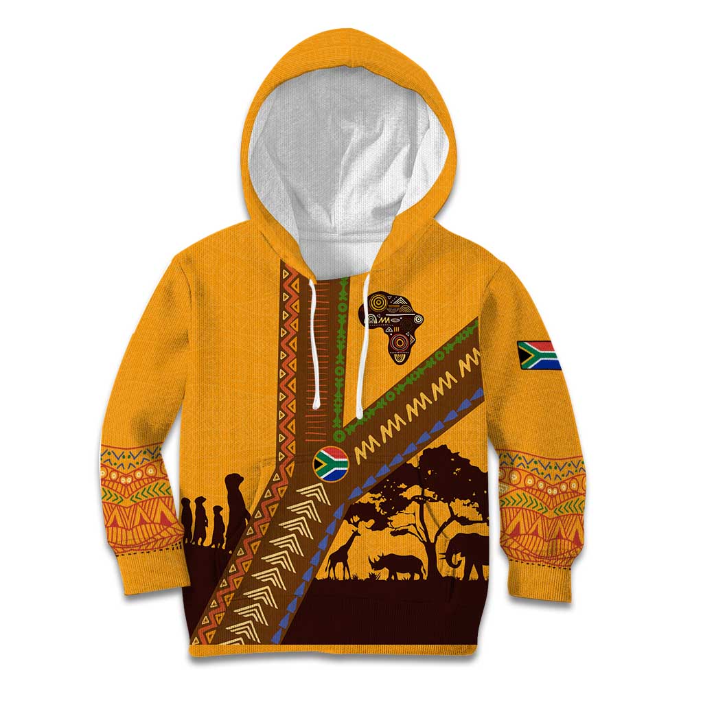 Tribal Africa Heritage with South Africa Flag Kid Hoodie Wildlife Silhouettes in Earthy Yellow and Brown