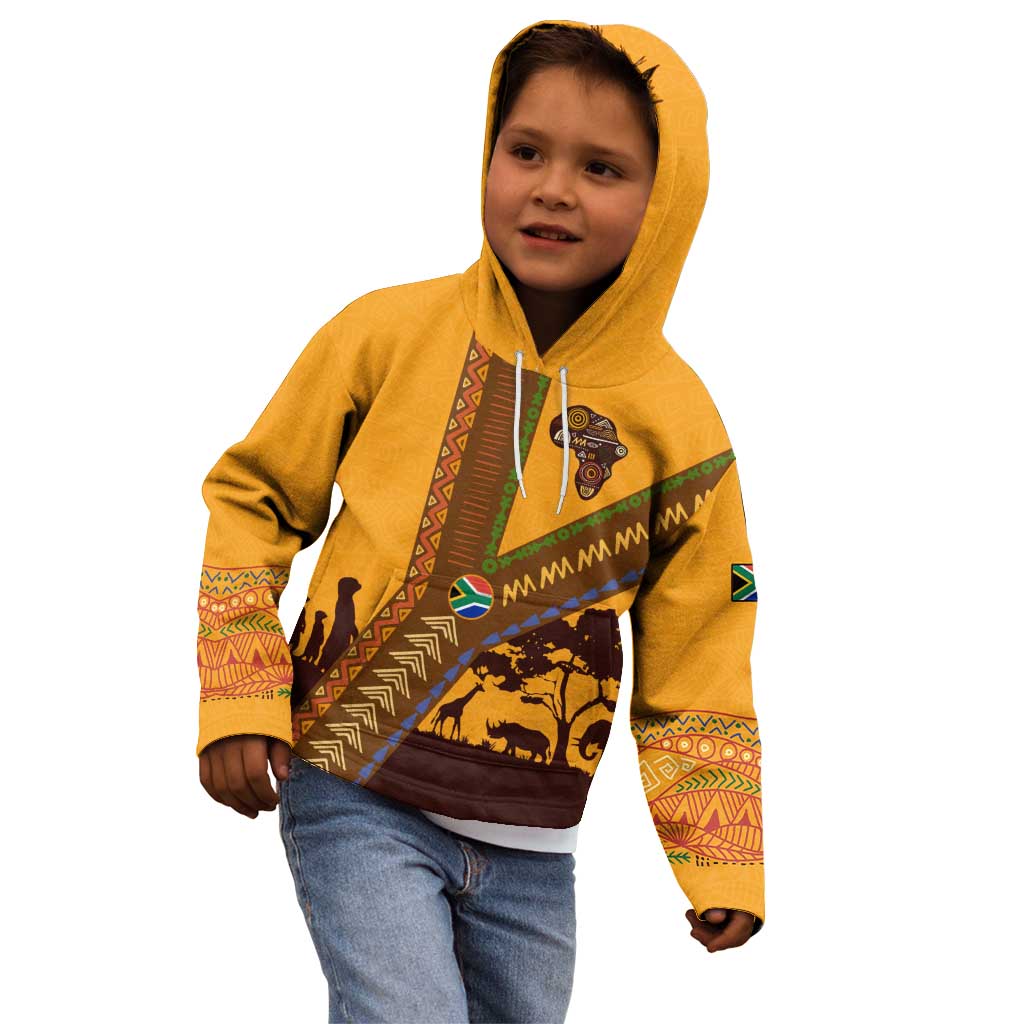 Tribal Africa Heritage with South Africa Flag Kid Hoodie Wildlife Silhouettes in Earthy Yellow and Brown