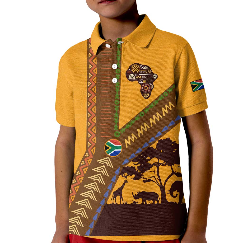 Tribal Africa Heritage with South Africa Flag Kid Polo Shirt Wildlife Silhouettes in Earthy Yellow and Brown