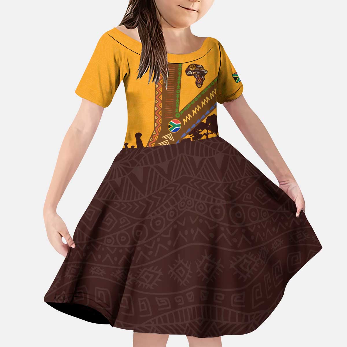 Tribal Africa Heritage with South Africa Flag Kid Short Sleeve Dress Wildlife Silhouettes in Earthy Yellow and Brown