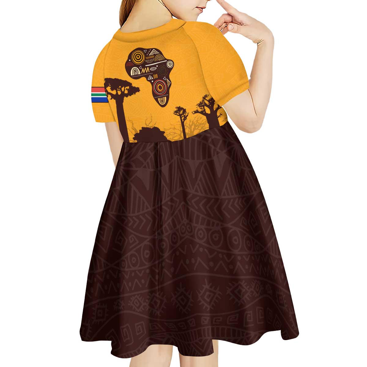 Tribal Africa Heritage with South Africa Flag Kid Short Sleeve Dress Wildlife Silhouettes in Earthy Yellow and Brown