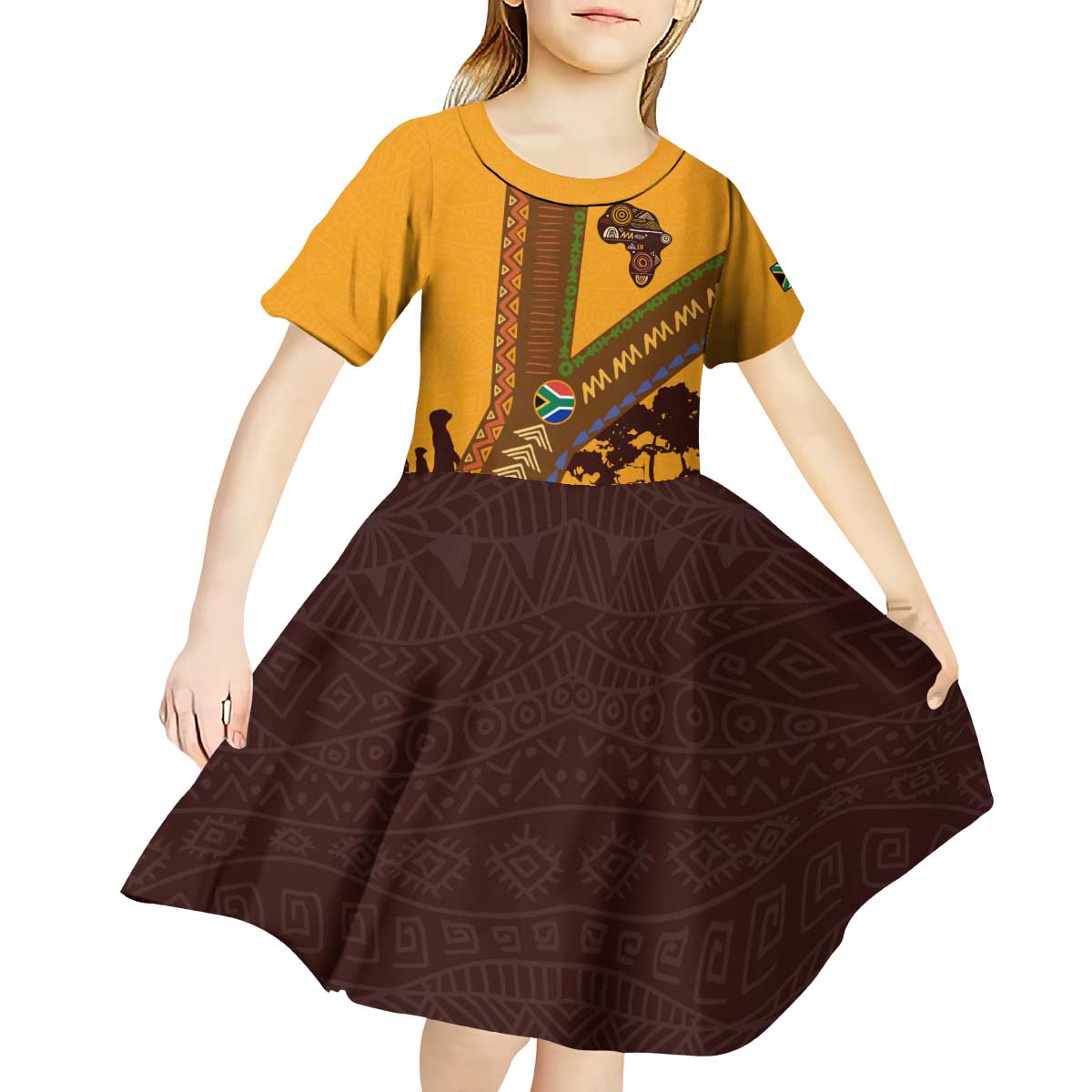Tribal Africa Heritage with South Africa Flag Kid Short Sleeve Dress Wildlife Silhouettes in Earthy Yellow and Brown