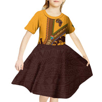 Tribal Africa Heritage with South Africa Flag Kid Short Sleeve Dress Wildlife Silhouettes in Earthy Yellow and Brown