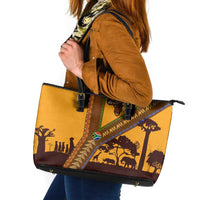 Tribal Africa Heritage with South Africa Flag Leather Tote Bag Wildlife Silhouettes in Earthy Yellow and Brown