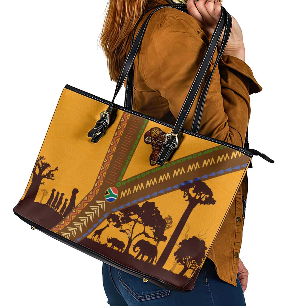 Tribal Africa Heritage with South Africa Flag Leather Tote Bag Wildlife Silhouettes in Earthy Yellow and Brown