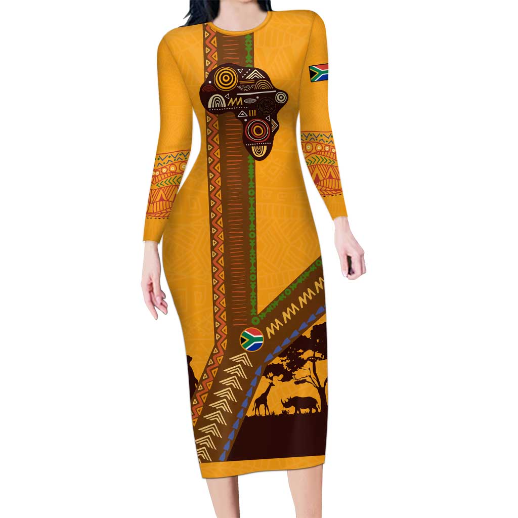 Tribal Africa Heritage with South Africa Flag Long Sleeve Bodycon Dress Wildlife Silhouettes in Earthy Yellow and Brown