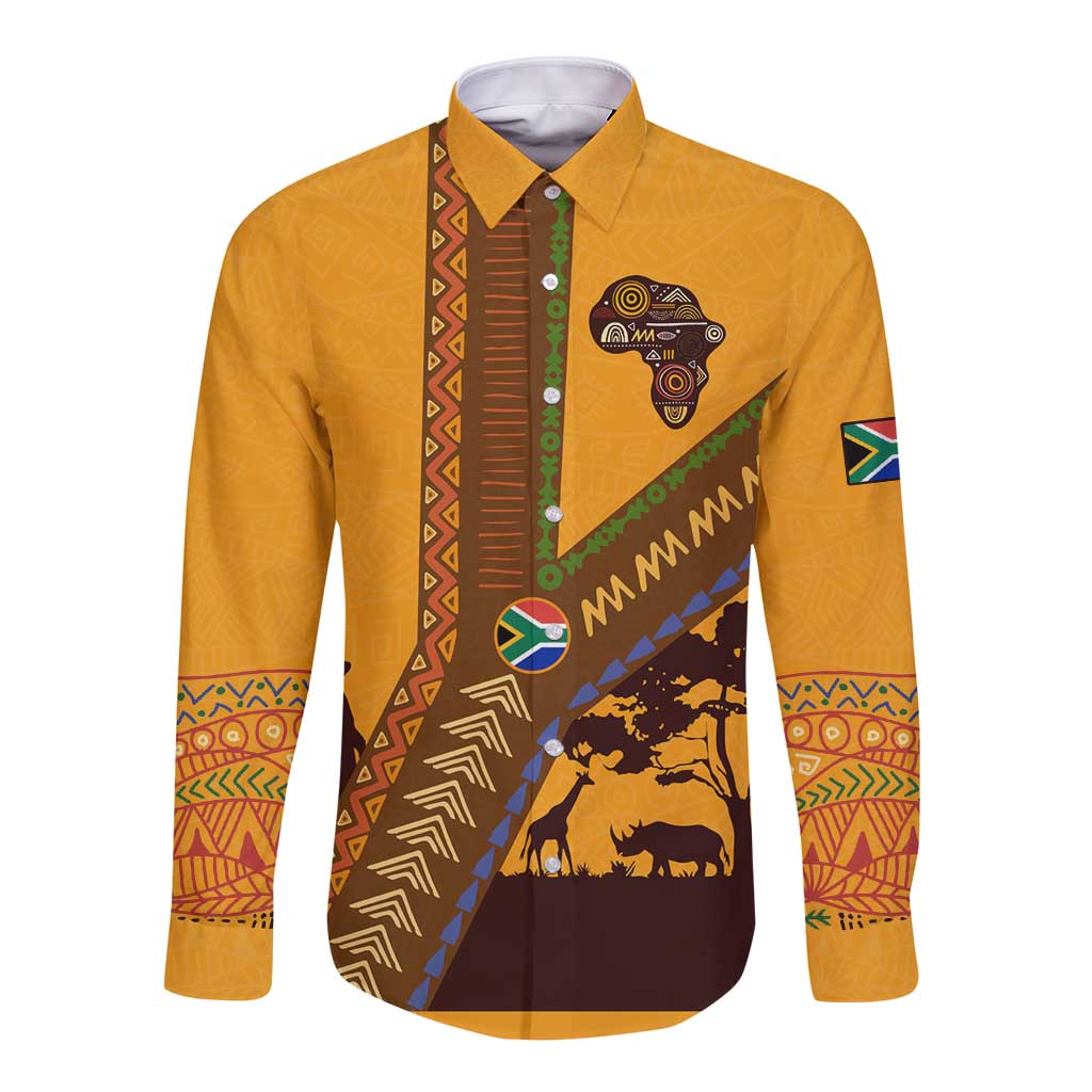 Tribal Africa Heritage with South Africa Flag Long Sleeve Button Shirt Wildlife Silhouettes in Earthy Yellow and Brown
