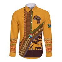 Tribal Africa Heritage with South Africa Flag Long Sleeve Button Shirt Wildlife Silhouettes in Earthy Yellow and Brown