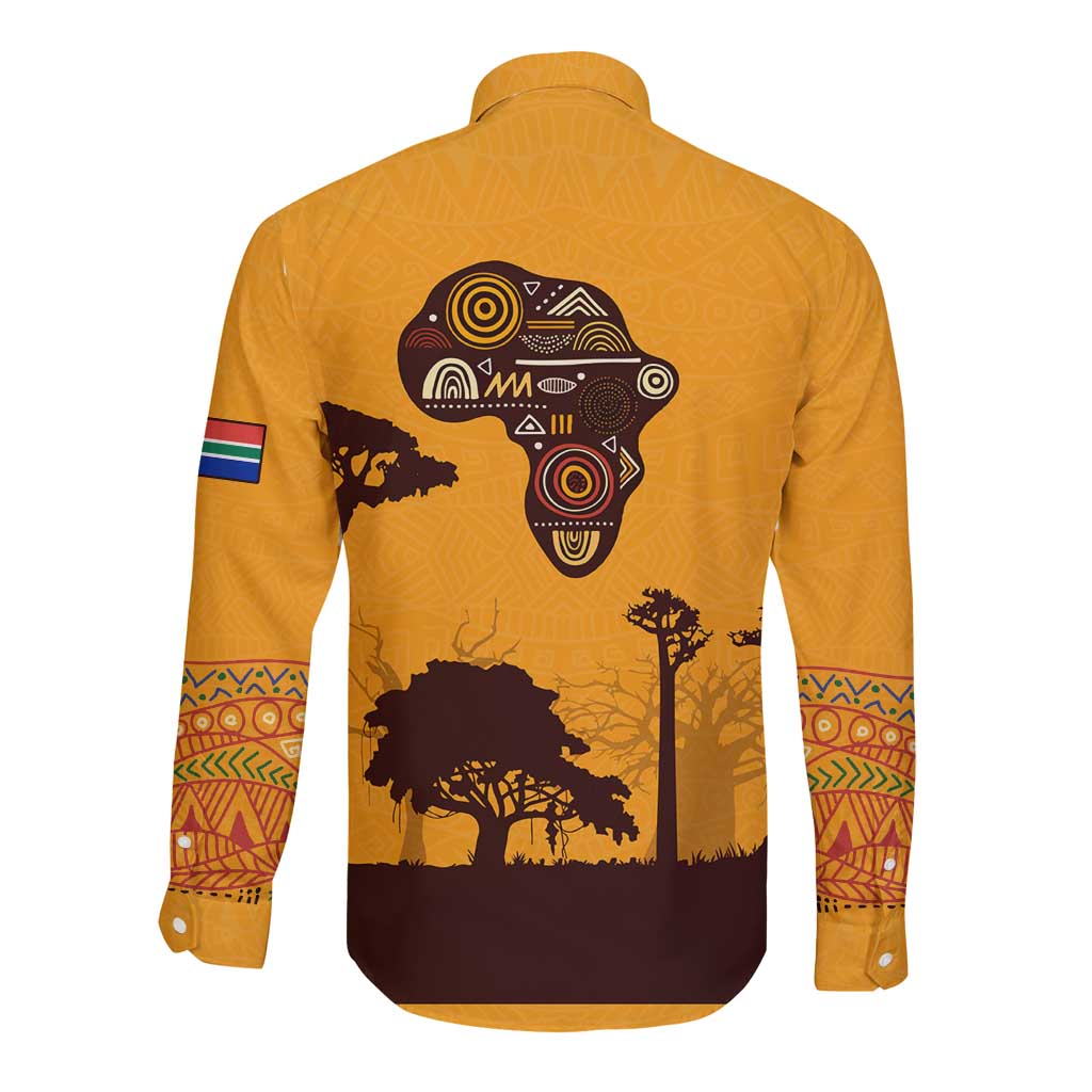 Tribal Africa Heritage with South Africa Flag Long Sleeve Button Shirt Wildlife Silhouettes in Earthy Yellow and Brown
