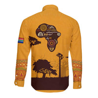 Tribal Africa Heritage with South Africa Flag Long Sleeve Button Shirt Wildlife Silhouettes in Earthy Yellow and Brown