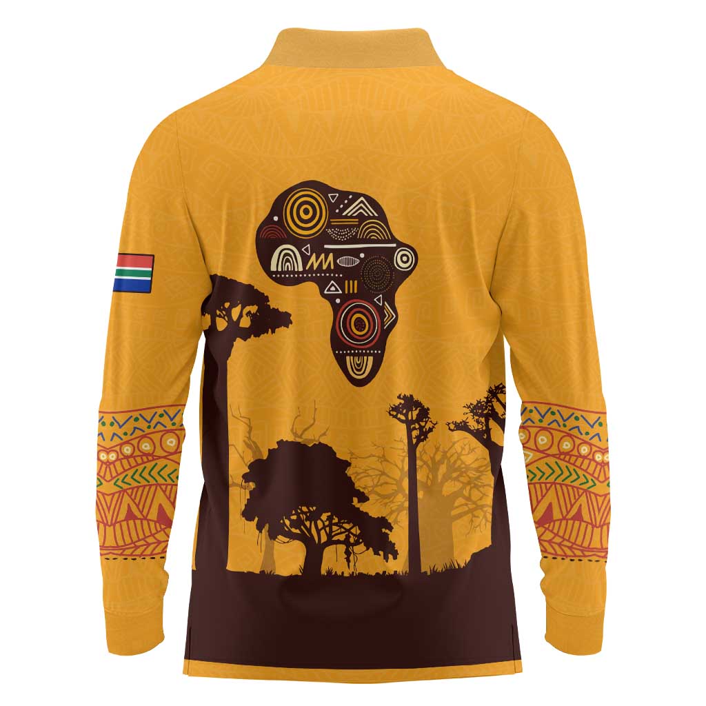 Tribal Africa Heritage with South Africa Flag Long Sleeve Polo Shirt Wildlife Silhouettes in Earthy Yellow and Brown