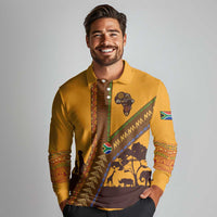 Tribal Africa Heritage with South Africa Flag Long Sleeve Polo Shirt Wildlife Silhouettes in Earthy Yellow and Brown