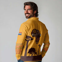 Tribal Africa Heritage with South Africa Flag Long Sleeve Polo Shirt Wildlife Silhouettes in Earthy Yellow and Brown