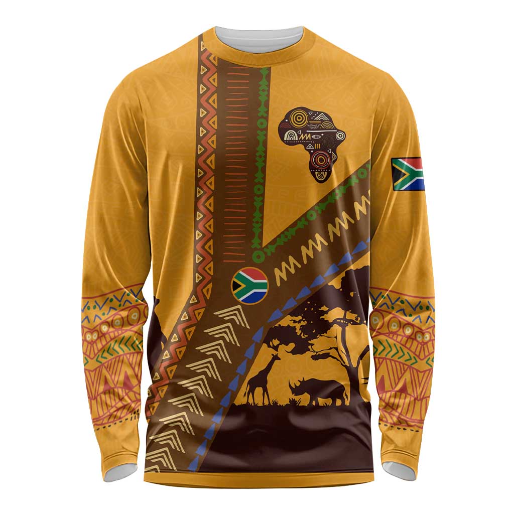 Tribal Africa Heritage with South Africa Flag Long Sleeve Shirt Wildlife Silhouettes in Earthy Yellow and Brown