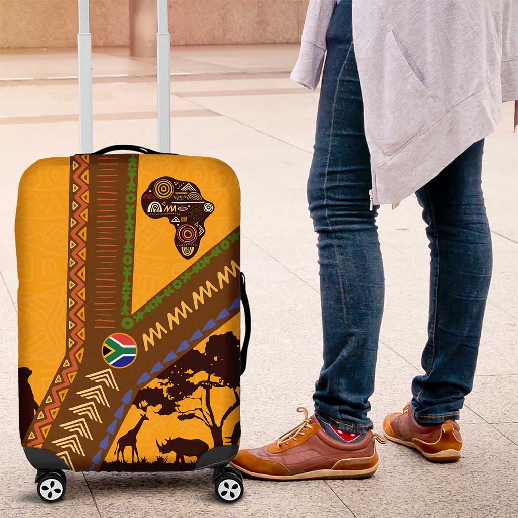 Tribal Africa Heritage with South Africa Flag Luggage Cover Wildlife Silhouettes in Earthy Yellow and Brown