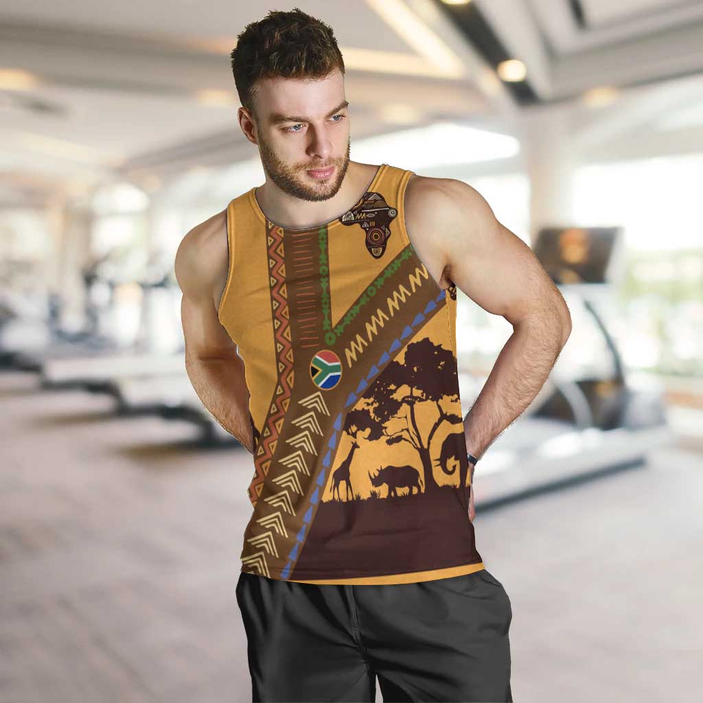 Tribal Africa Heritage with South Africa Flag Men Tank Top Wildlife Silhouettes in Earthy Yellow and Brown