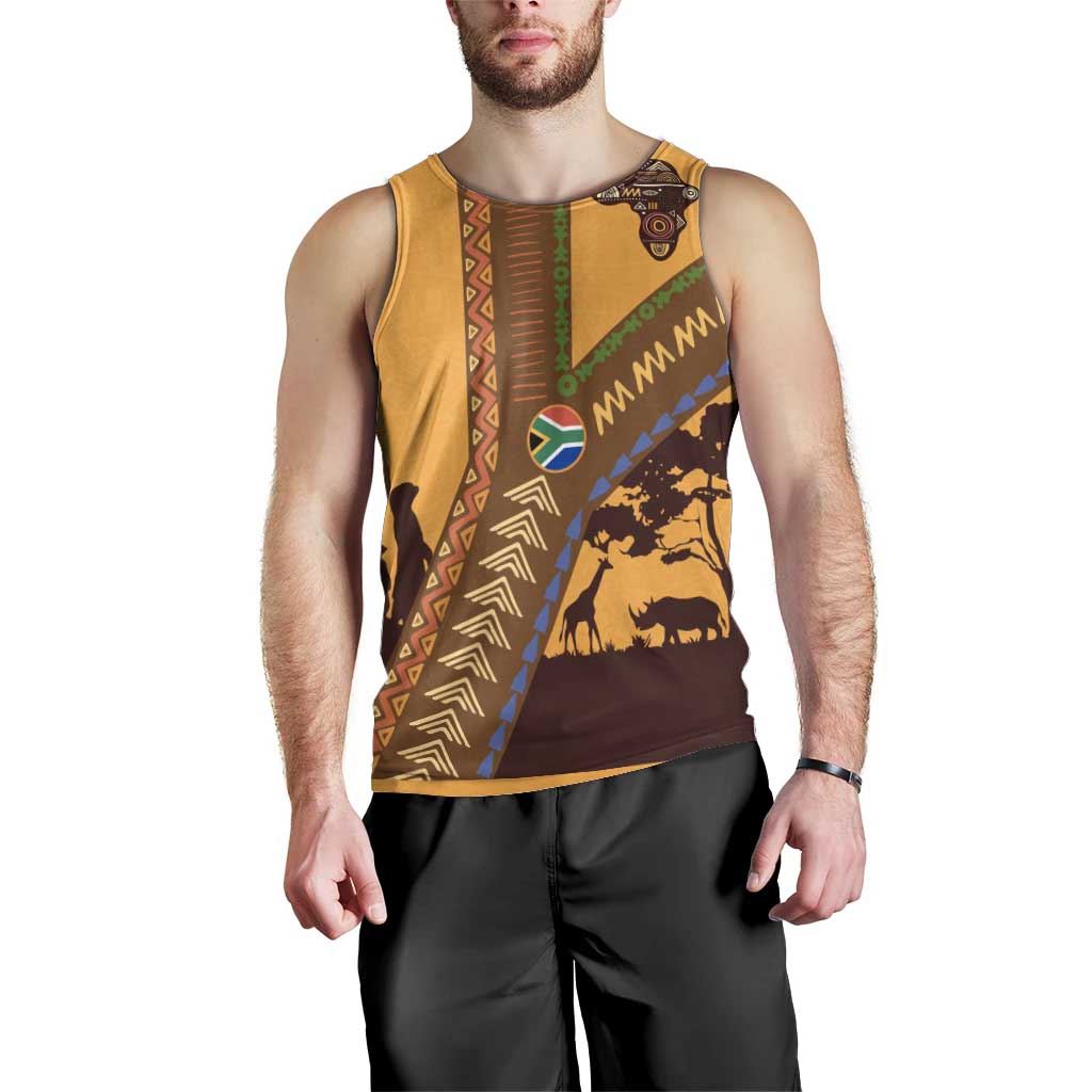 Tribal Africa Heritage with South Africa Flag Men Tank Top Wildlife Silhouettes in Earthy Yellow and Brown