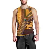 Tribal Africa Heritage with South Africa Flag Men Tank Top Wildlife Silhouettes in Earthy Yellow and Brown