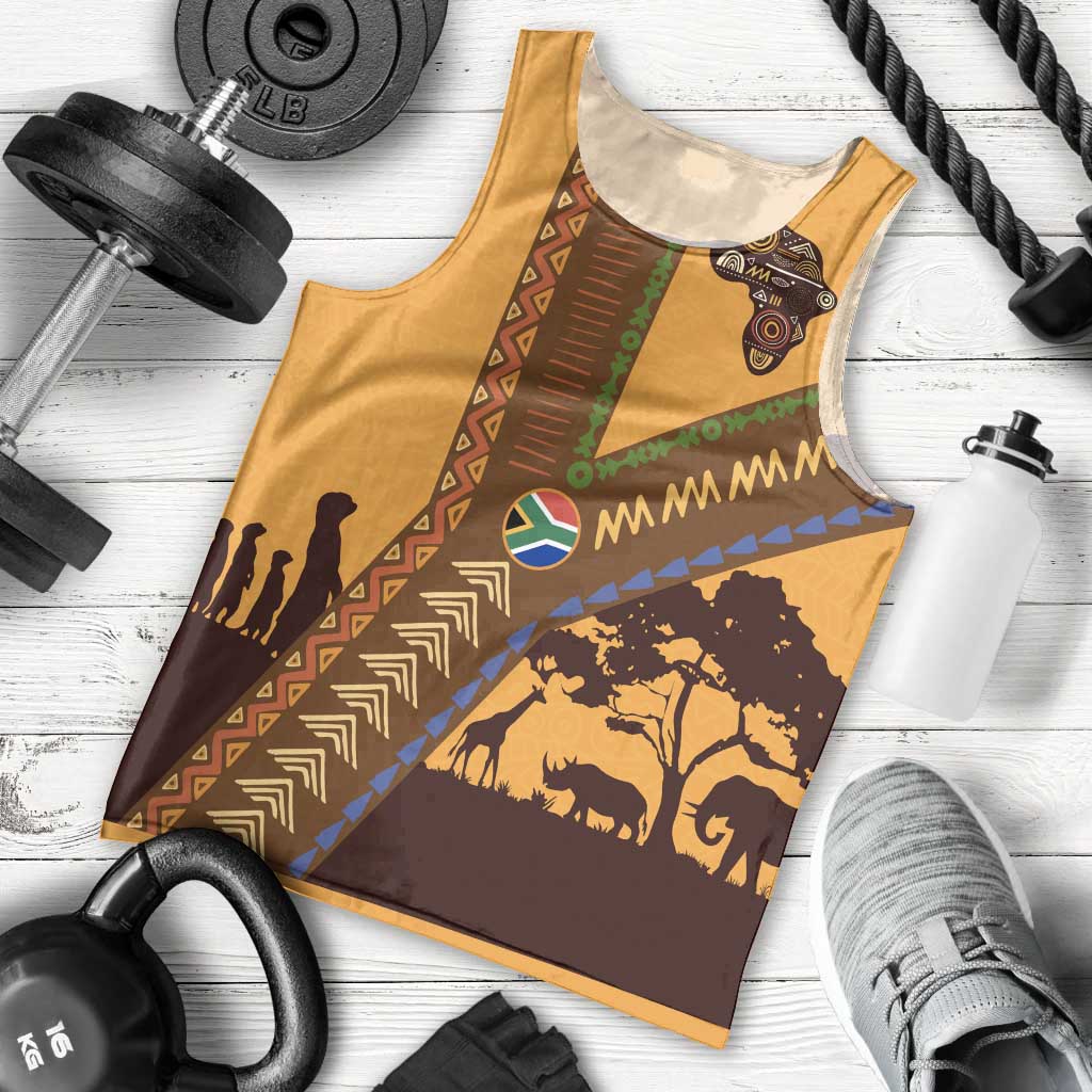 Tribal Africa Heritage with South Africa Flag Men Tank Top Wildlife Silhouettes in Earthy Yellow and Brown