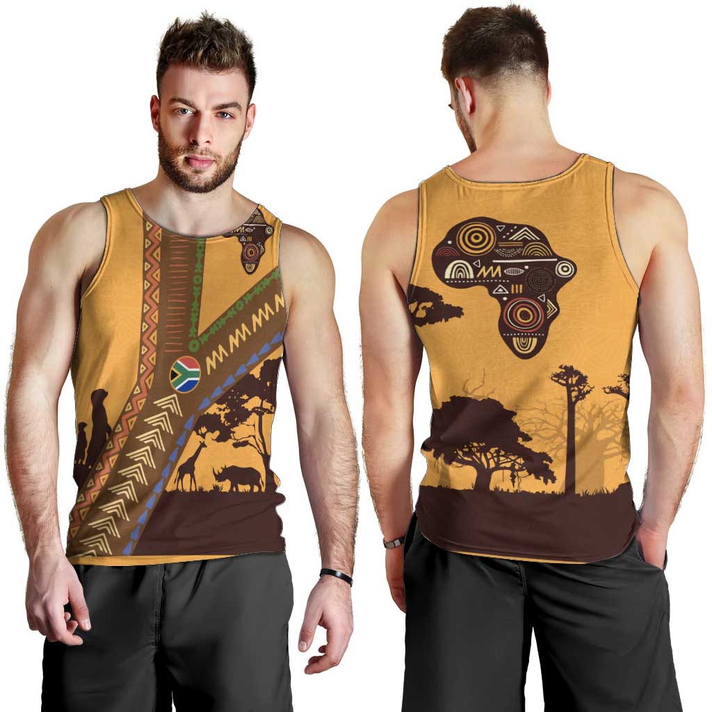 Tribal Africa Heritage with South Africa Flag Men Tank Top Wildlife Silhouettes in Earthy Yellow and Brown