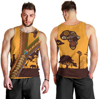 Tribal Africa Heritage with South Africa Flag Men Tank Top Wildlife Silhouettes in Earthy Yellow and Brown