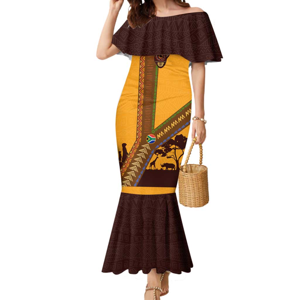 Tribal Africa Heritage with South Africa Flag Mermaid Dress Wildlife Silhouettes in Earthy Yellow and Brown