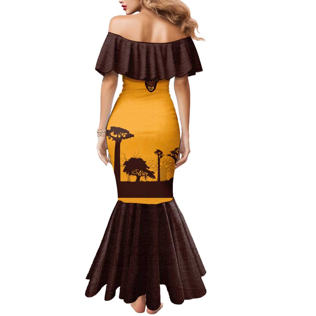 Tribal Africa Heritage with South Africa Flag Mermaid Dress Wildlife Silhouettes in Earthy Yellow and Brown