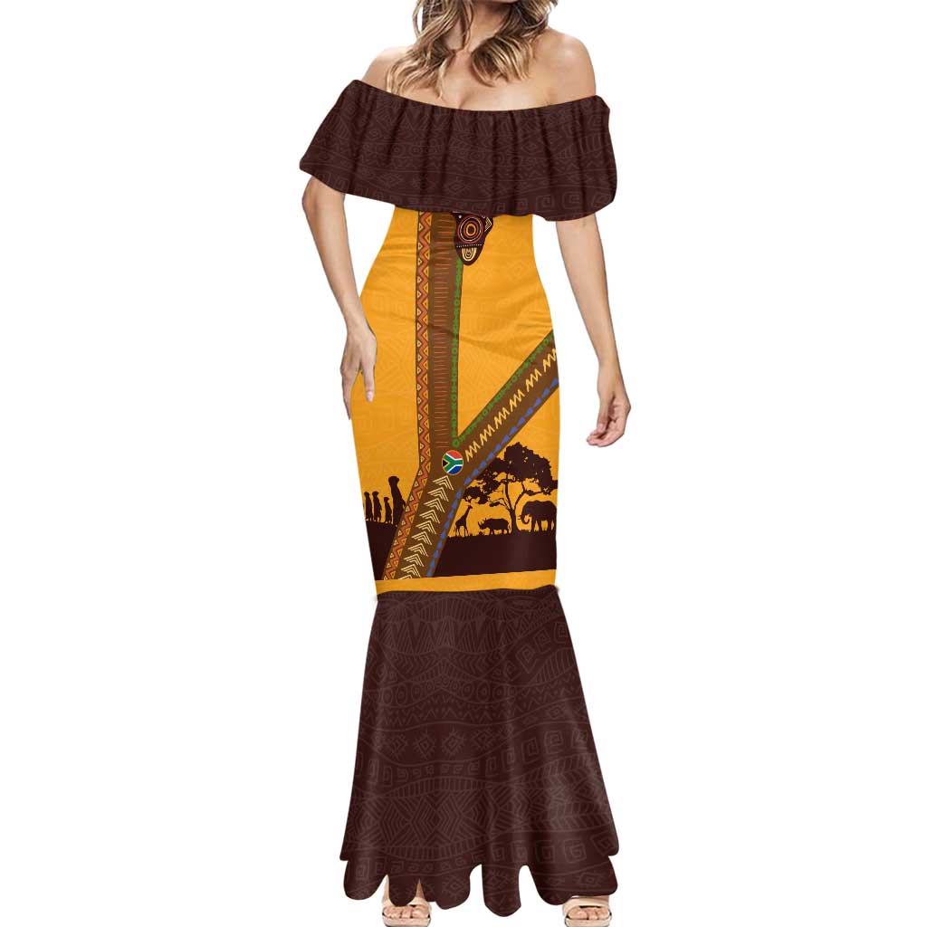 Tribal Africa Heritage with South Africa Flag Mermaid Dress Wildlife Silhouettes in Earthy Yellow and Brown