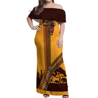 Tribal Africa Heritage with South Africa Flag Off Shoulder Maxi Dress Wildlife Silhouettes in Earthy Yellow and Brown