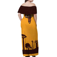 Tribal Africa Heritage with South Africa Flag Off Shoulder Maxi Dress Wildlife Silhouettes in Earthy Yellow and Brown
