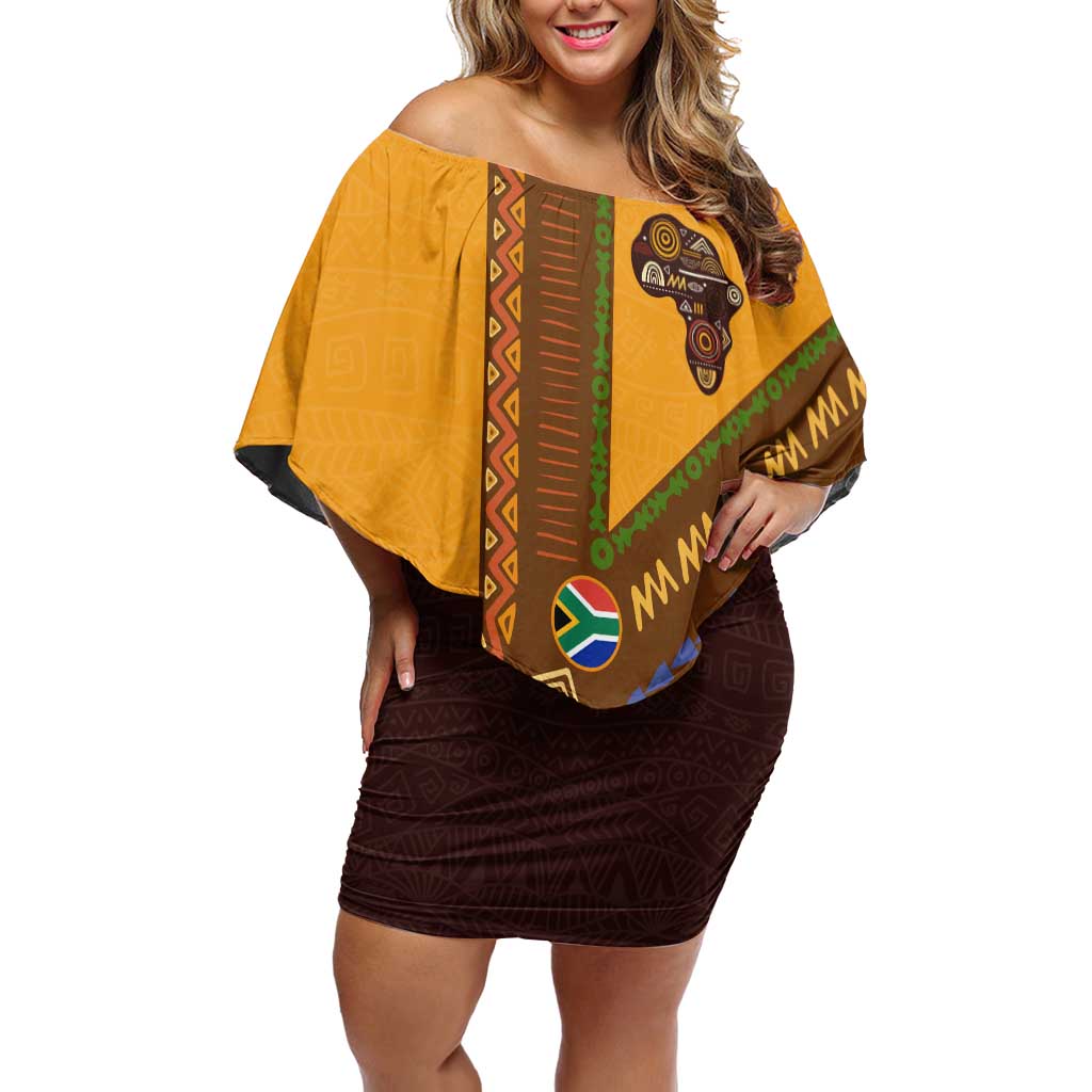 Tribal Africa Heritage with South Africa Flag Off Shoulder Short Dress Wildlife Silhouettes in Earthy Yellow and Brown