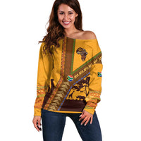 Tribal Africa Heritage with South Africa Flag Off Shoulder Sweater Wildlife Silhouettes in Earthy Yellow and Brown