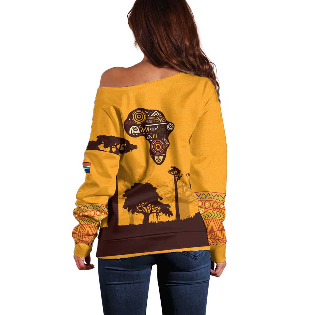 Tribal Africa Heritage with South Africa Flag Off Shoulder Sweater Wildlife Silhouettes in Earthy Yellow and Brown