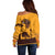 Tribal Africa Heritage with South Africa Flag Off Shoulder Sweater Wildlife Silhouettes in Earthy Yellow and Brown