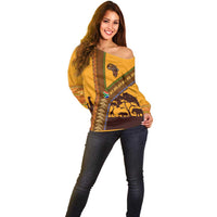 Tribal Africa Heritage with South Africa Flag Off Shoulder Sweater Wildlife Silhouettes in Earthy Yellow and Brown