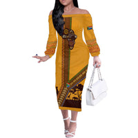 Tribal Africa Heritage with South Africa Flag Off The Shoulder Long Sleeve Dress Wildlife Silhouettes in Earthy Yellow and Brown