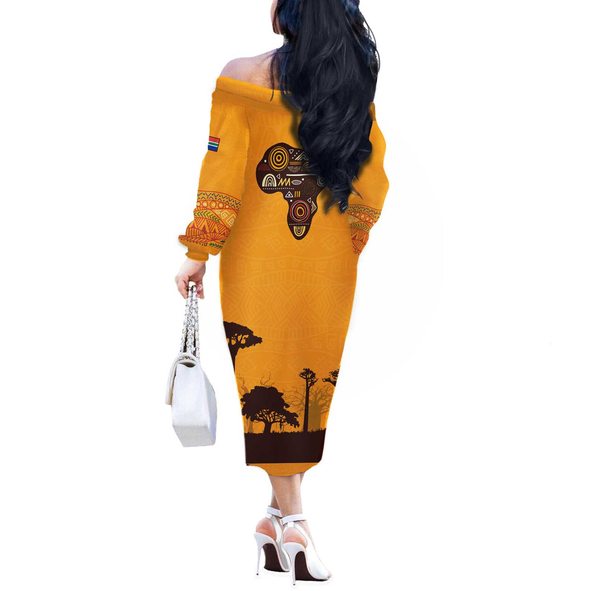 Tribal Africa Heritage with South Africa Flag Off The Shoulder Long Sleeve Dress Wildlife Silhouettes in Earthy Yellow and Brown