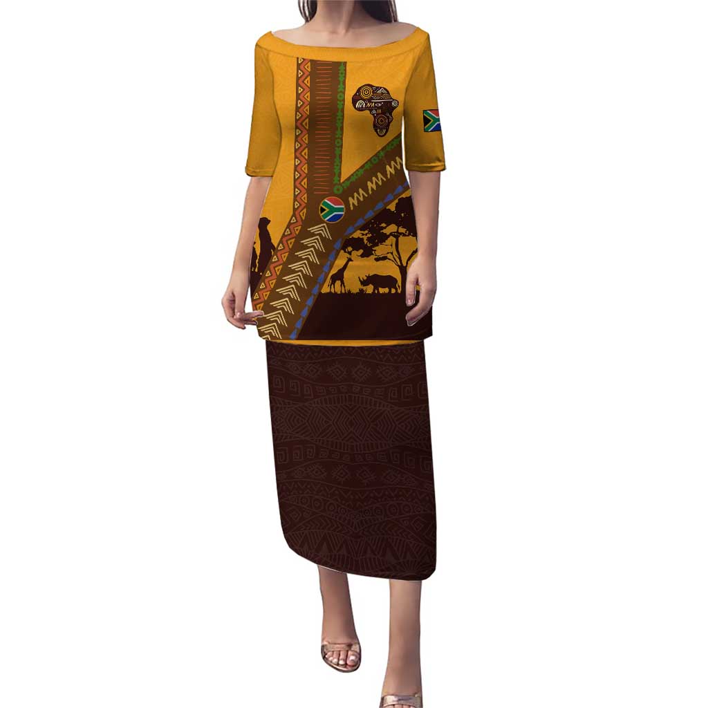 Tribal Africa Heritage with South Africa Flag Puletasi Wildlife Silhouettes in Earthy Yellow and Brown