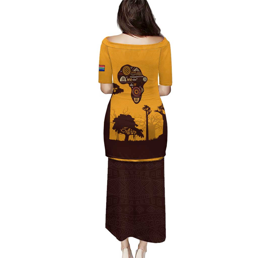 Tribal Africa Heritage with South Africa Flag Puletasi Wildlife Silhouettes in Earthy Yellow and Brown